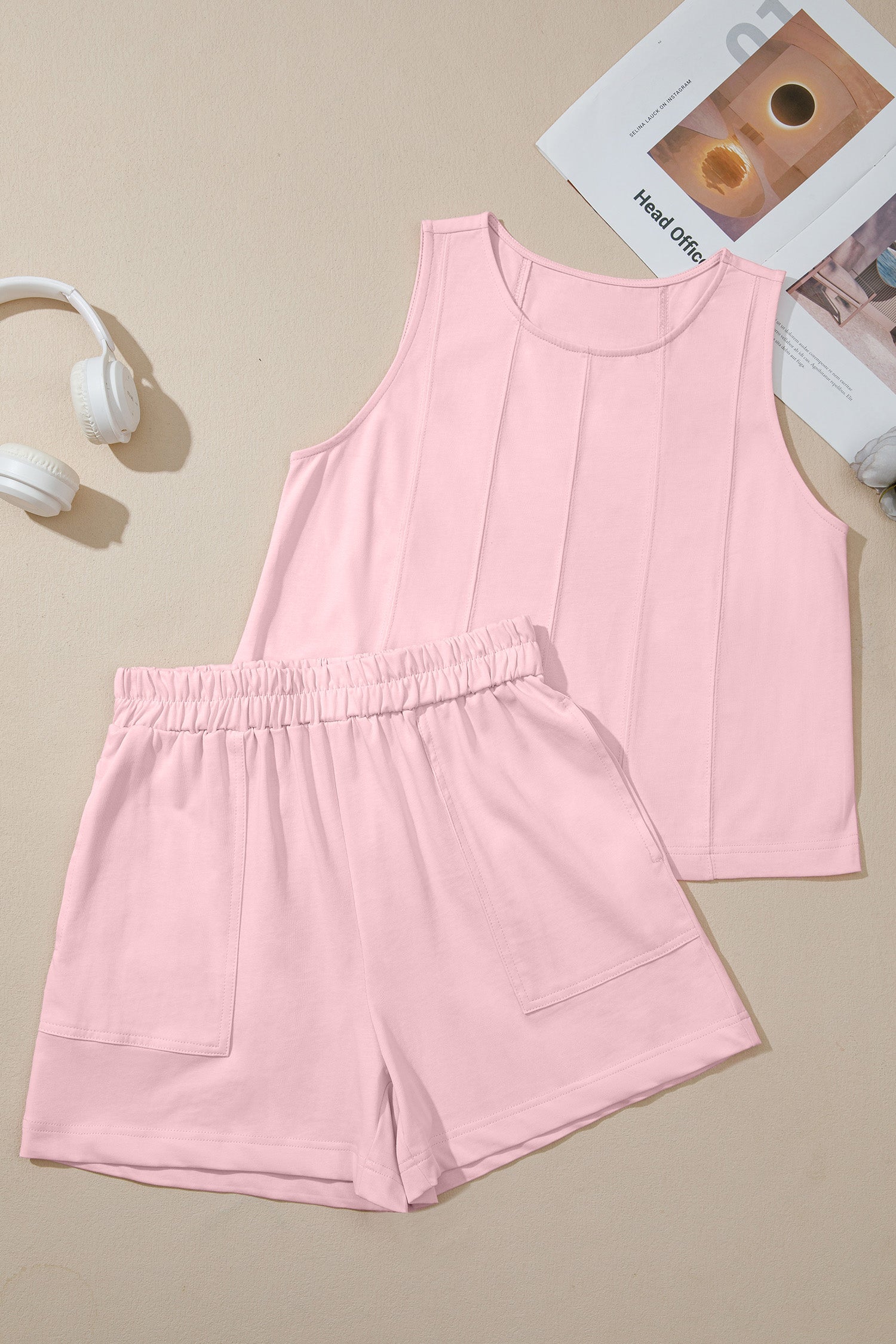 Beige Stitched Detail Loose Tank Top Cotton 2pcs Short Set