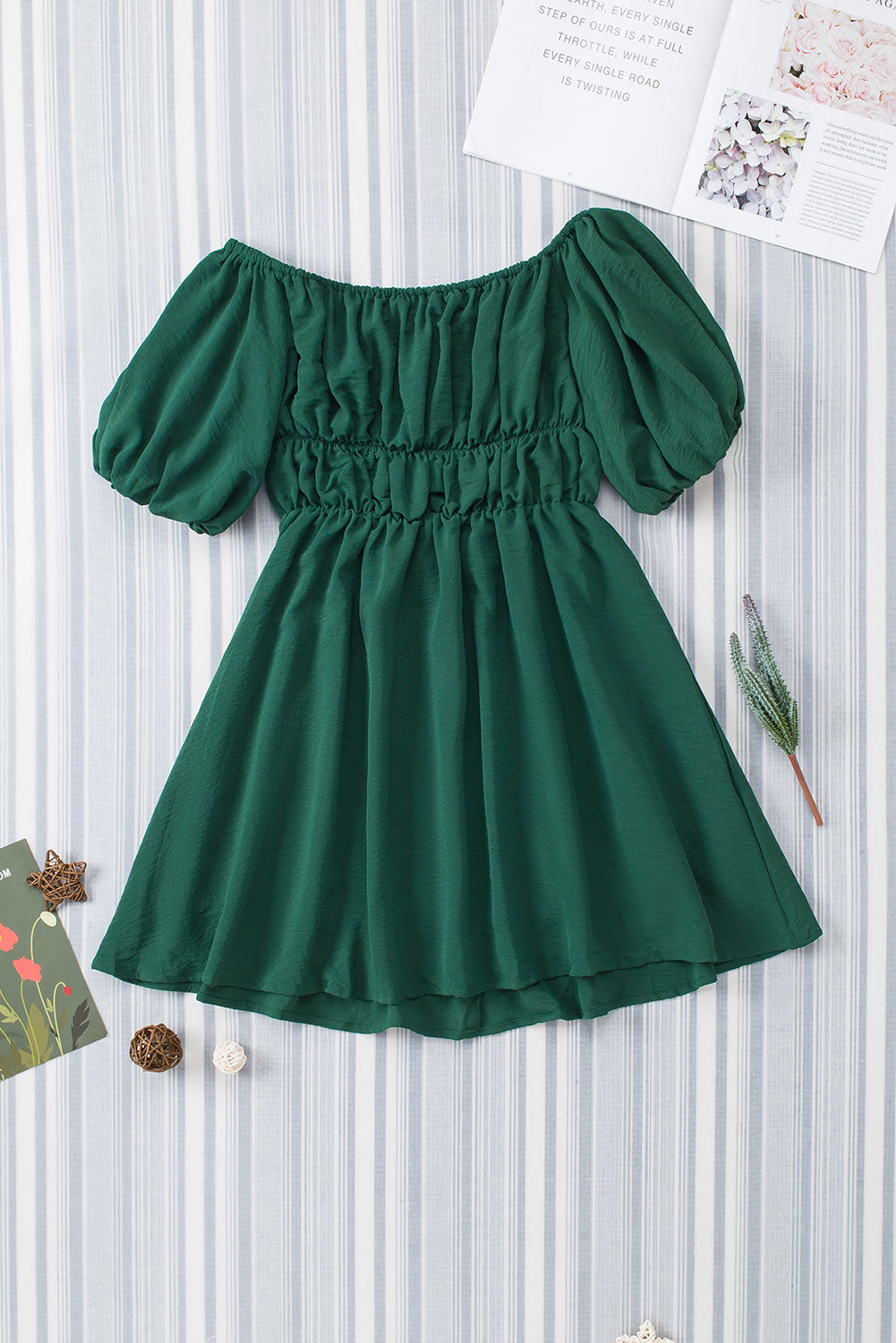 Green-2 Solid Color Shirred Bubble Sleeve Off Shoulder Babydoll Dress