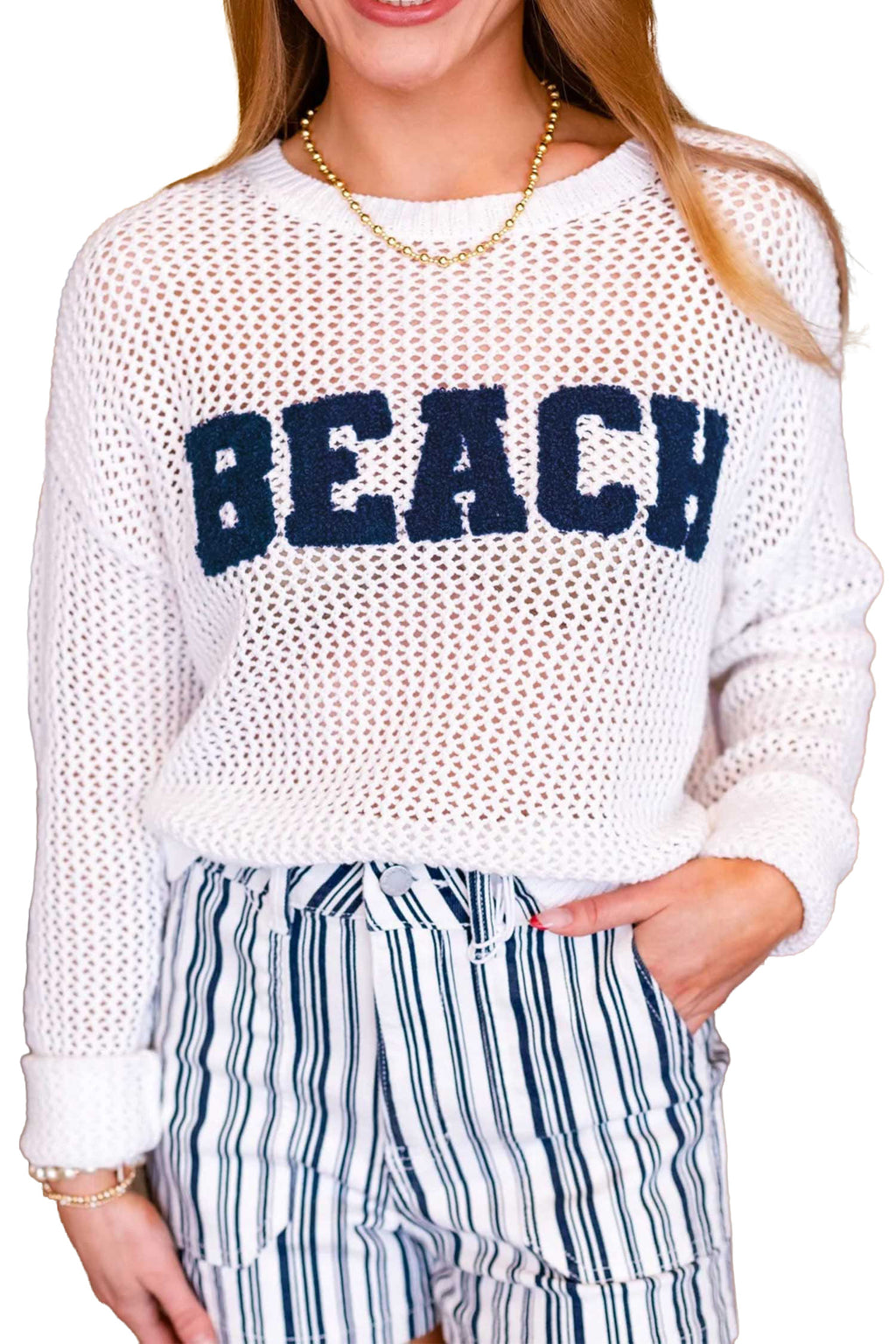 White Chenille BEACH Lettering Hollow Out Knit Casual Sweater