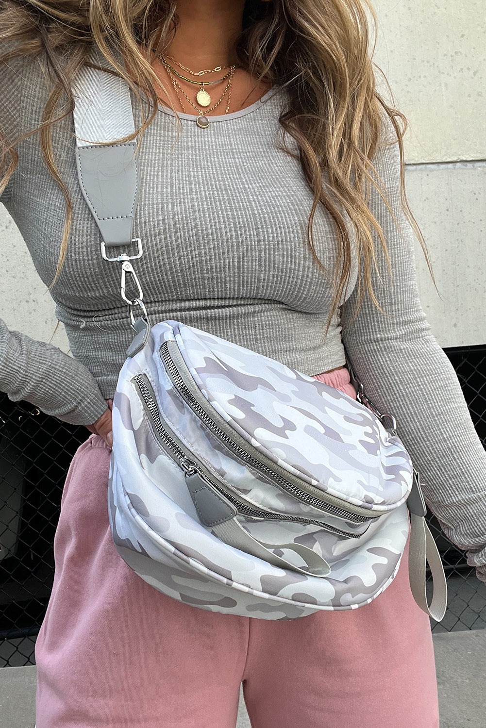 White Abstract/ Camouflage/ Polka Dot/ Leopard Print Double Zip Fashion Crossbody Bag