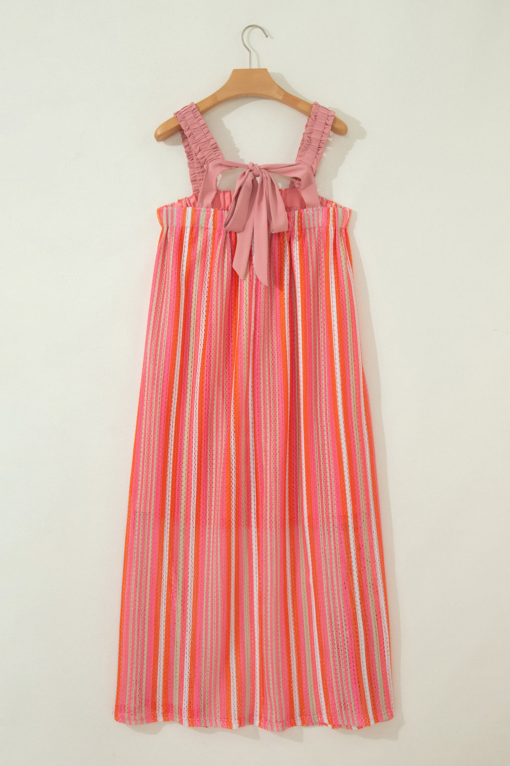 Pink Stripe Ruffled Straps Ribbon Knot Flowy Vacation Maxi Dress