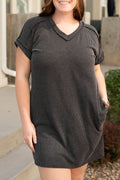 Carbon Grey Corded V Neck Plus Size Shirt Dress