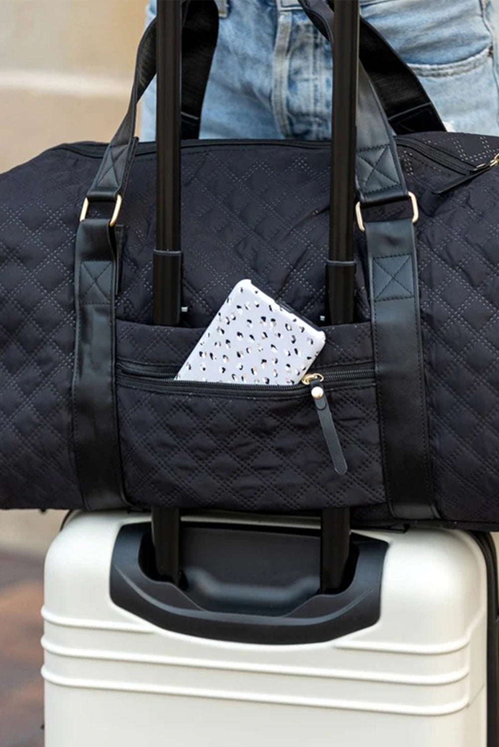 White Plaid Textured Large Capacity Travel Duffle Bag