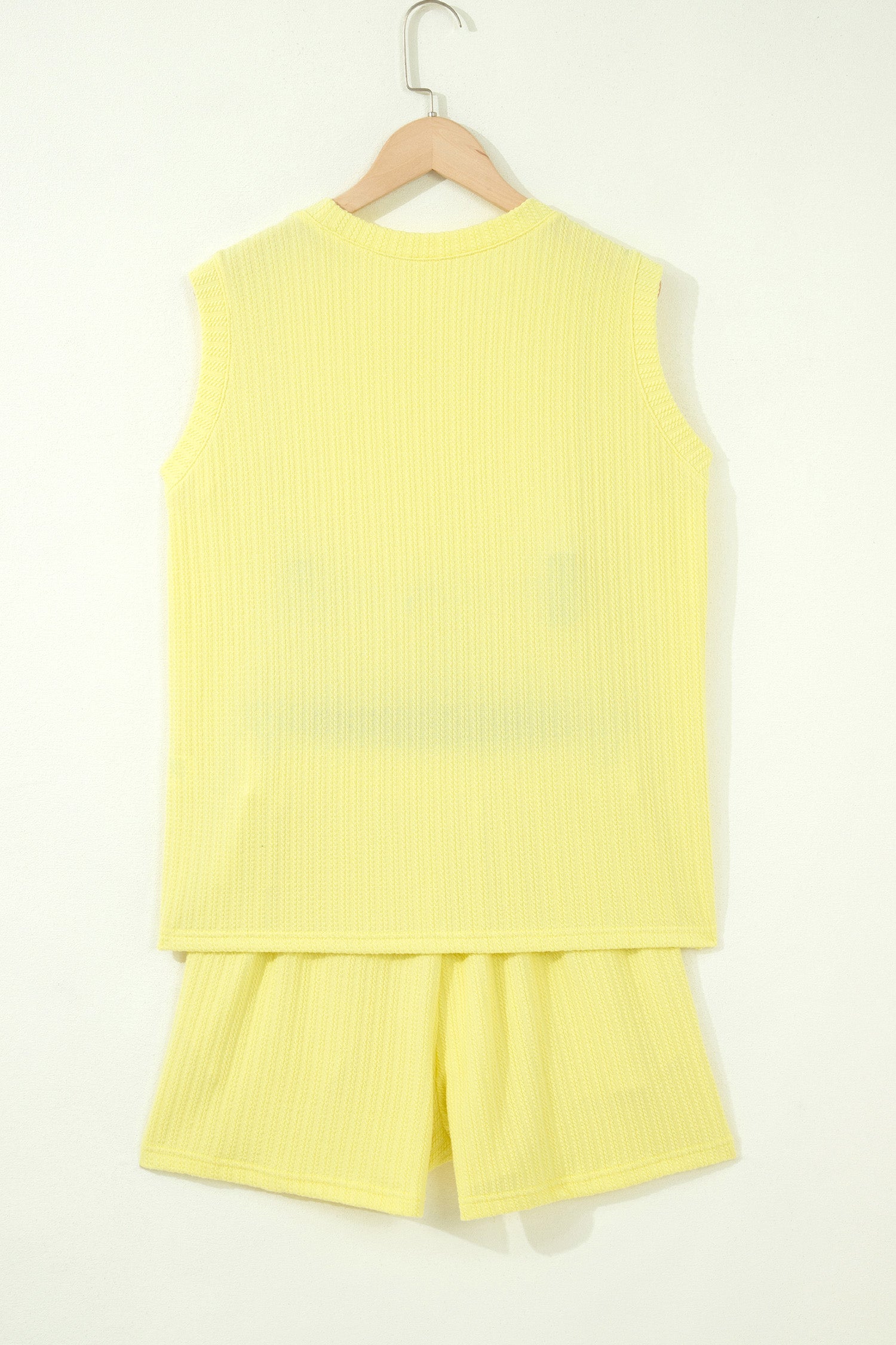 Yellow Cream Solid Color Textured Loose Tank Casual Shorts 2pcs Outfit