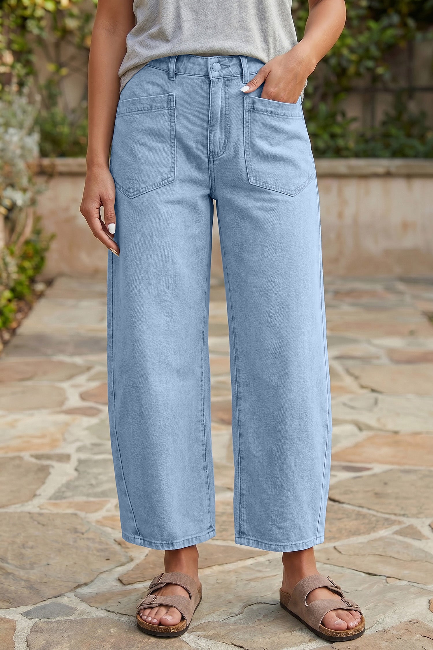 Coffee Solid Color Square Patch Pocket Ankle-length Barrel Jeans