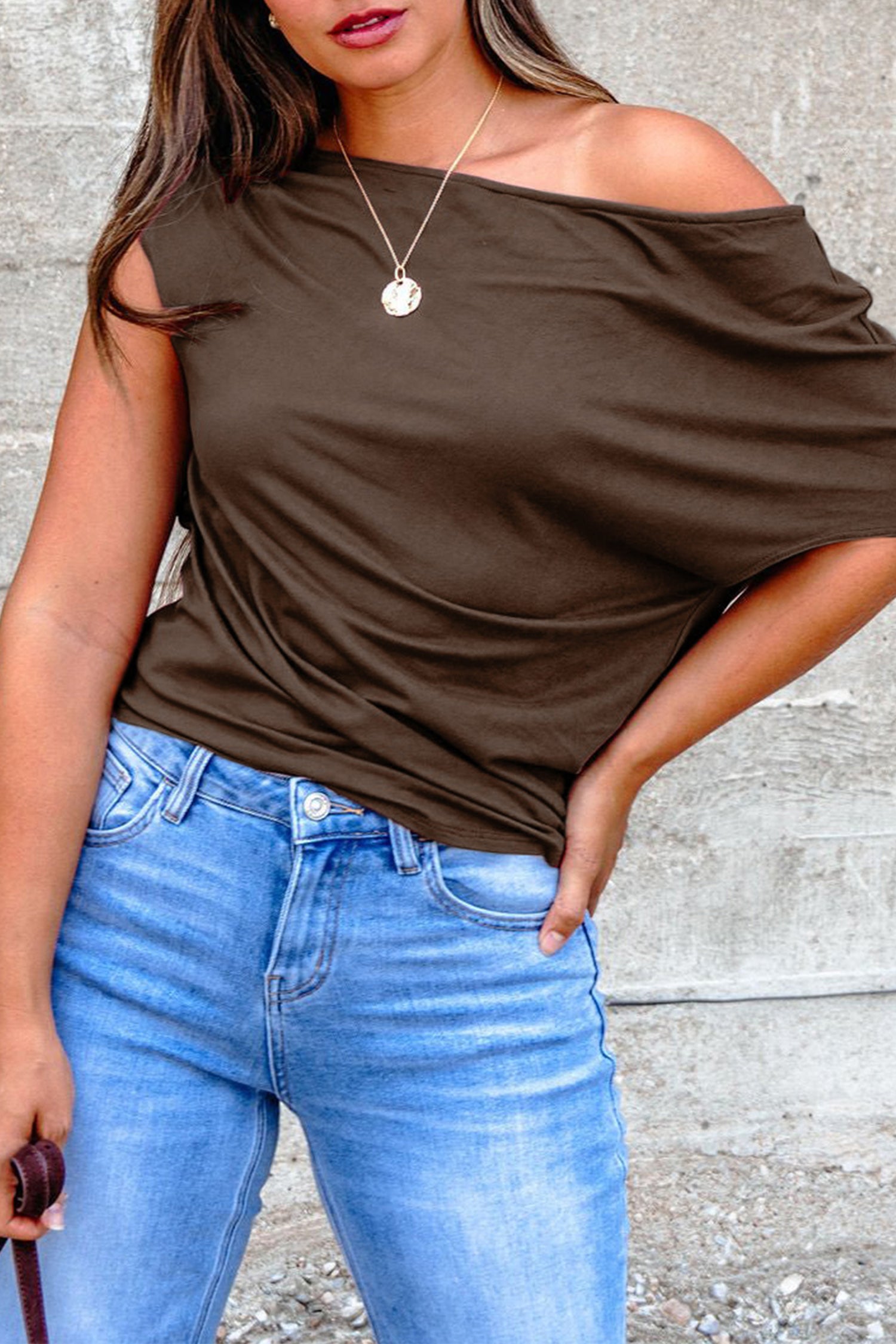 Blue Sapphire Plus Size Solid Color Asymmetric Neck Short Sleeve Blouse