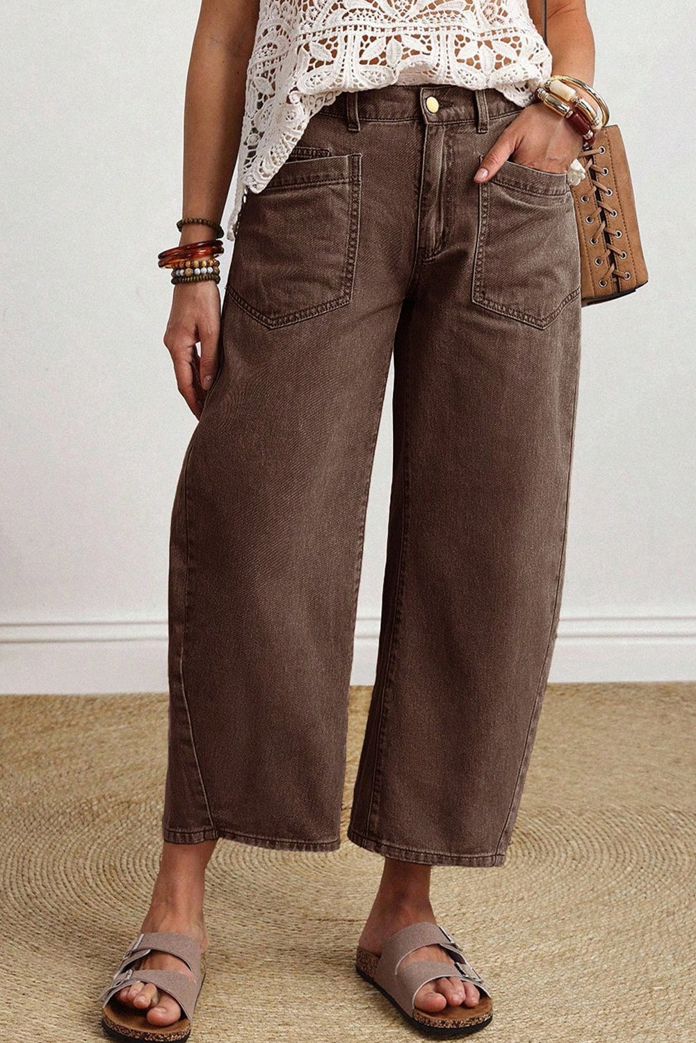 Coffee Solid Color Square Patch Pocket Ankle-length Barrel Jeans