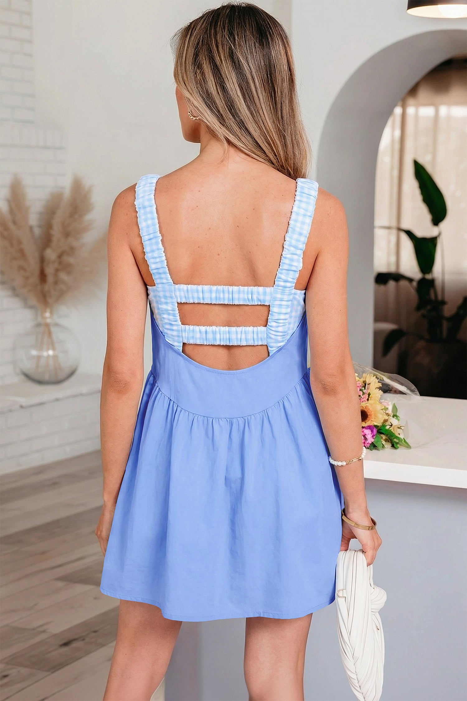 Yellow Cream Faux Two Piece Gingham Contrast Patchwork Loose Mini Dress