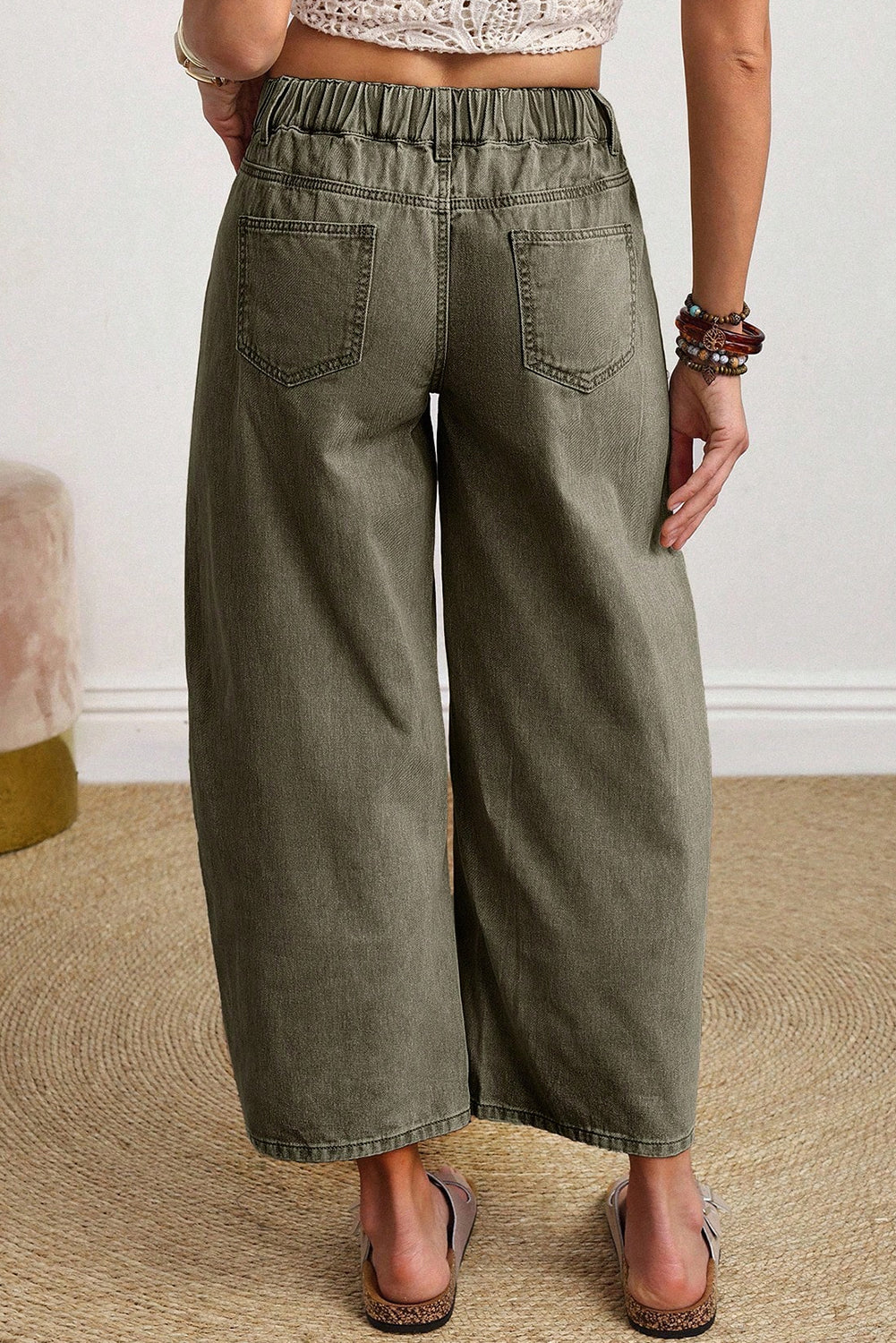 Coffee Solid Color Square Patch Pocket Ankle-length Barrel Jeans