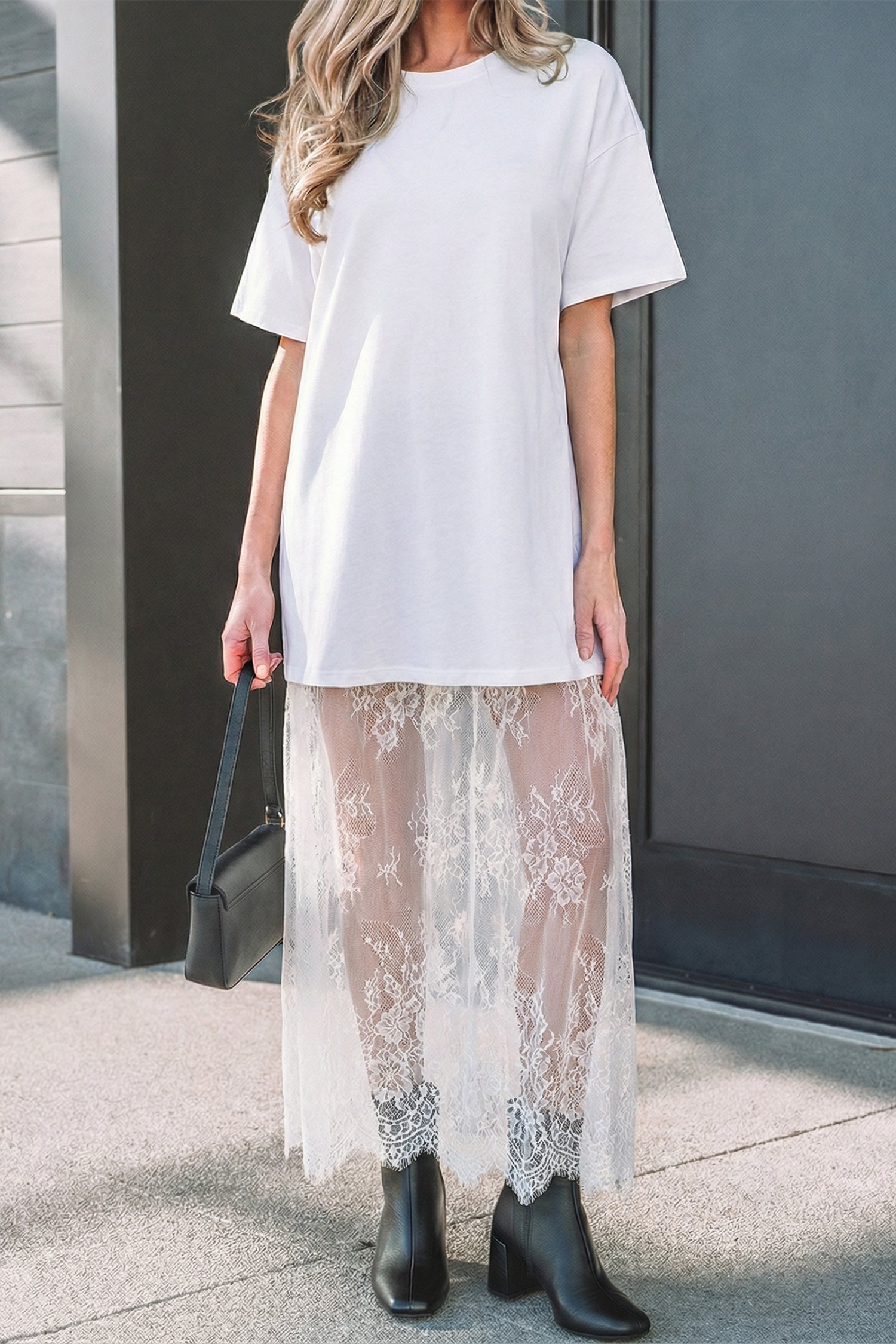 Black Floral Patchwork Short Sleeve T Shirt Loose Maxi Dress