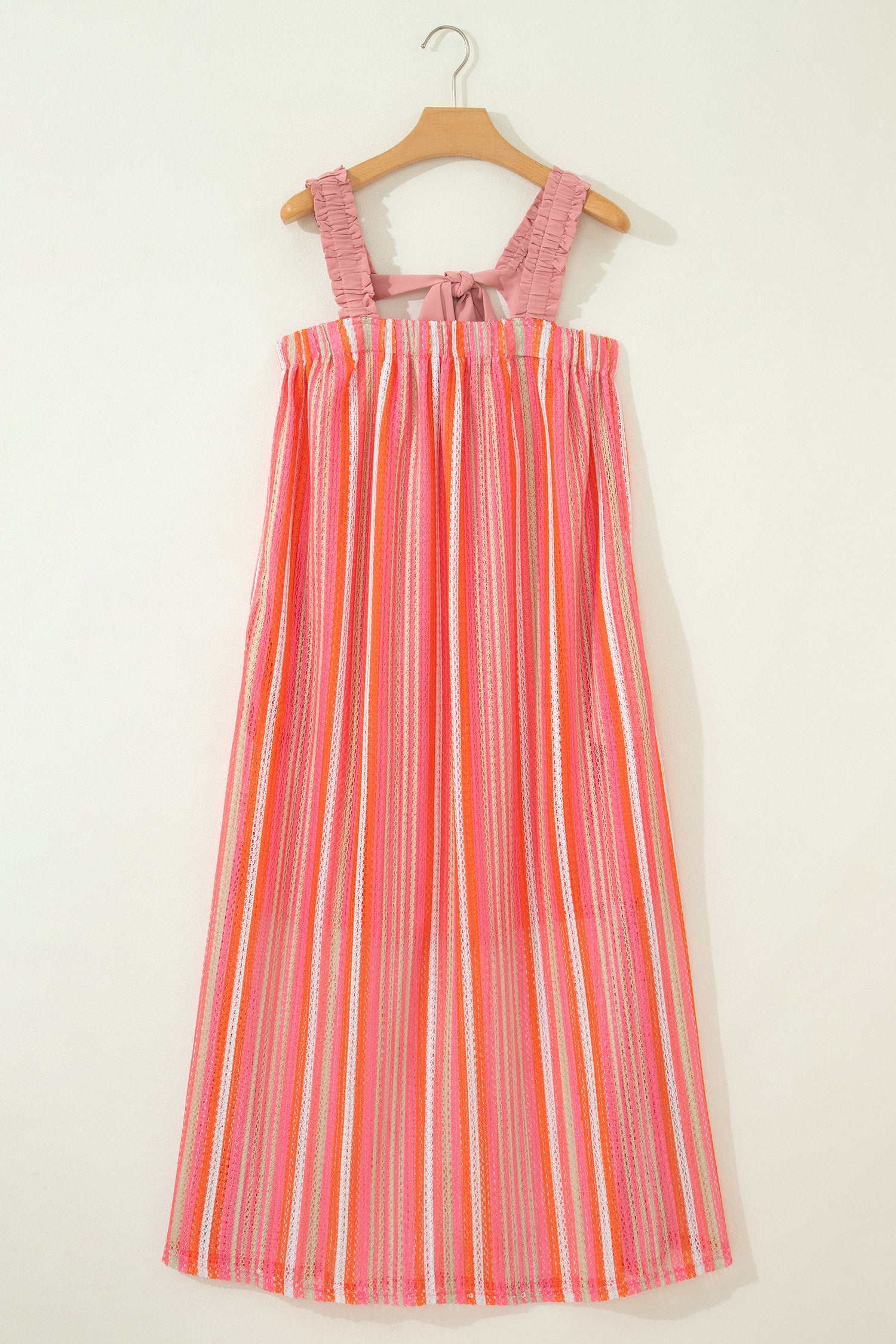 Pink Stripe Ruffled Straps Ribbon Knot Flowy Vacation Maxi Dress