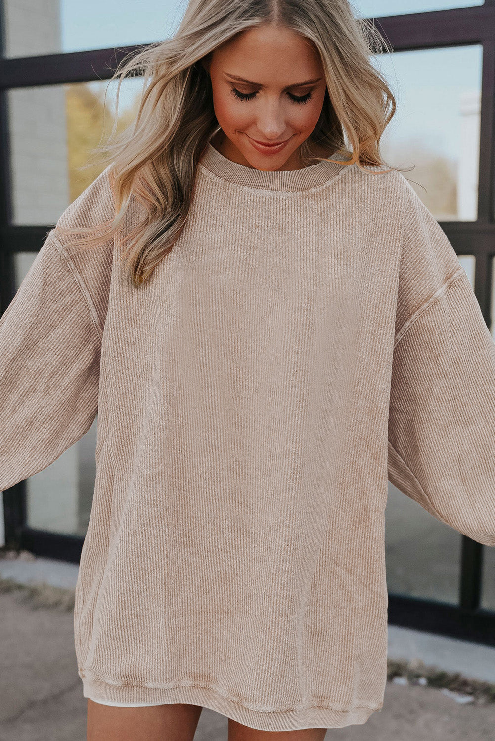 Orange Plain Drop Sleeve Crinkle Rib Oversized Sweatshirt