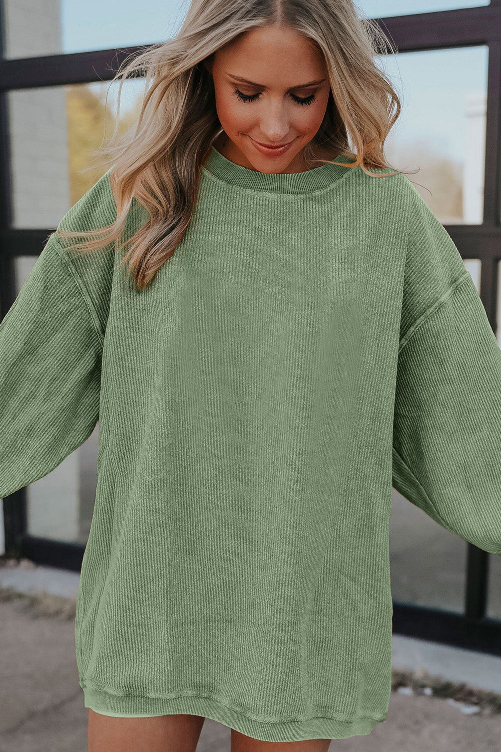 Orange Plain Drop Sleeve Crinkle Rib Oversized Sweatshirt