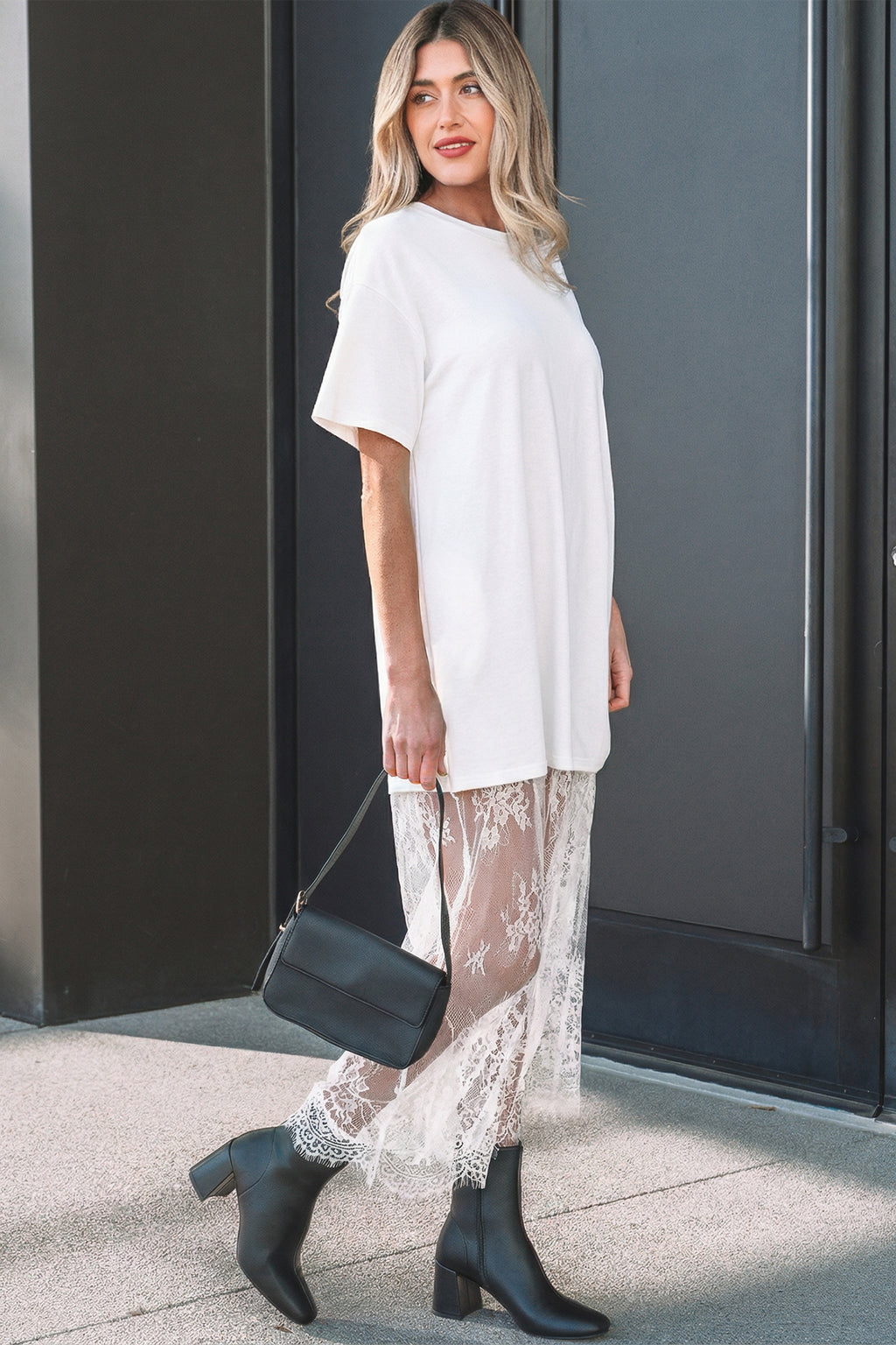 Black Floral Patchwork Short Sleeve T Shirt Loose Maxi Dress