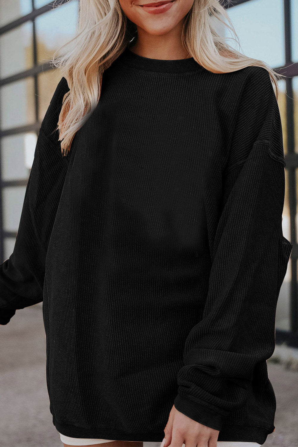 Orange Plain Drop Sleeve Crinkle Rib Oversized Sweatshirt