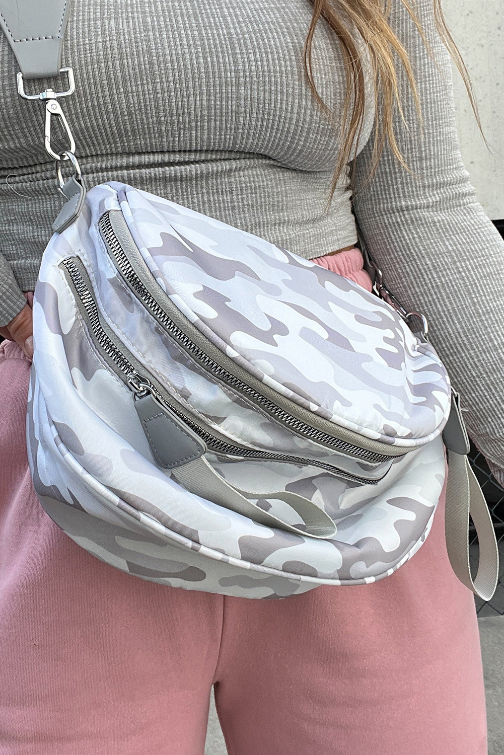White Abstract/ Camouflage/ Polka Dot/ Leopard Print Double Zip Fashion Crossbody Bag