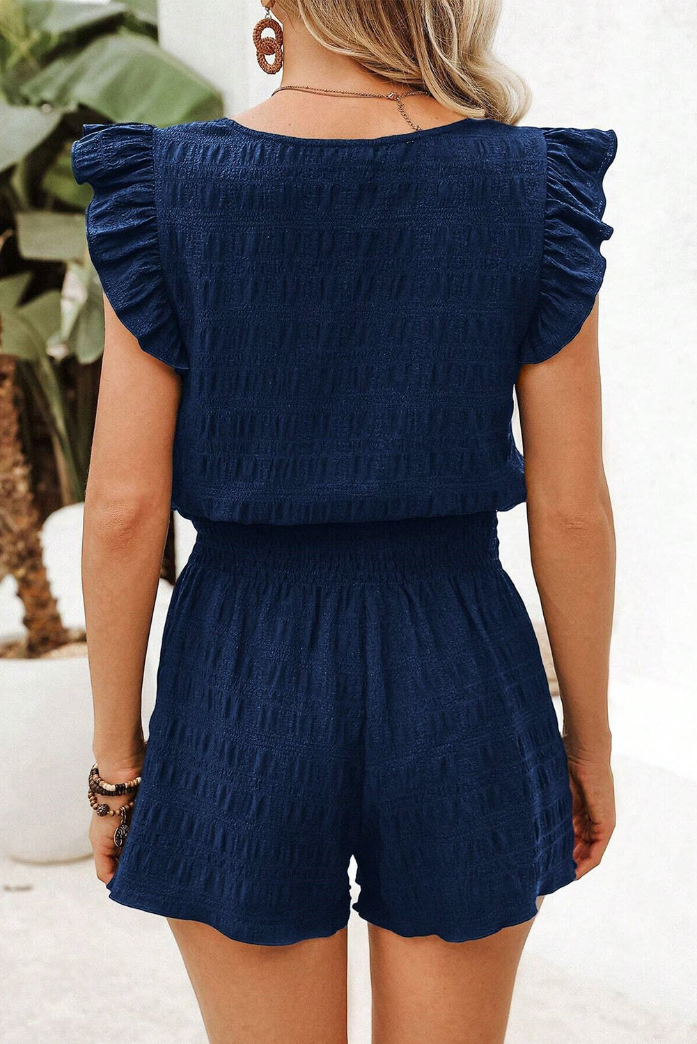 Black Textured Square Neck Top and Shirred High Waist Shorts Set