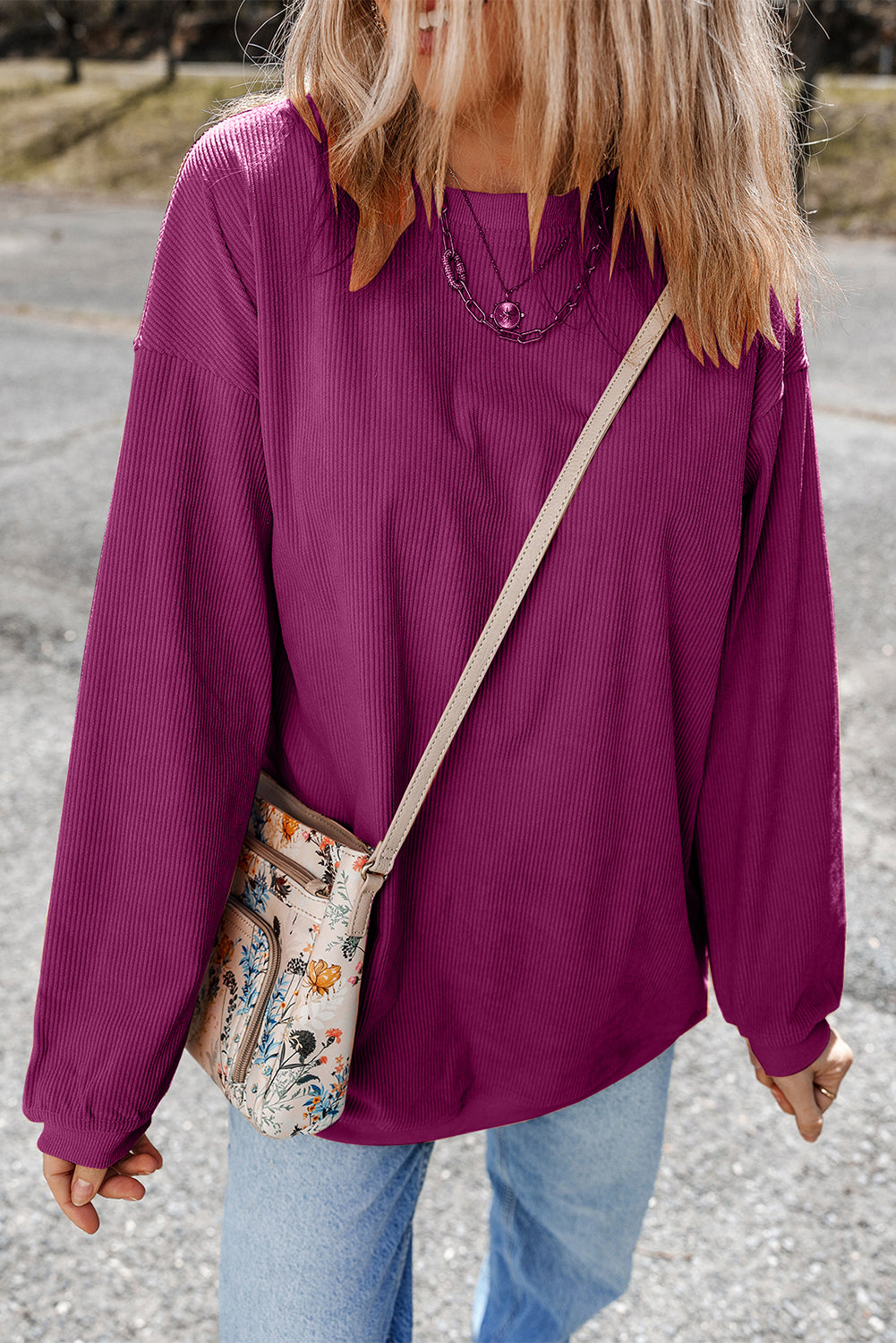 Orange Plain Drop Sleeve Crinkle Rib Oversized Sweatshirt