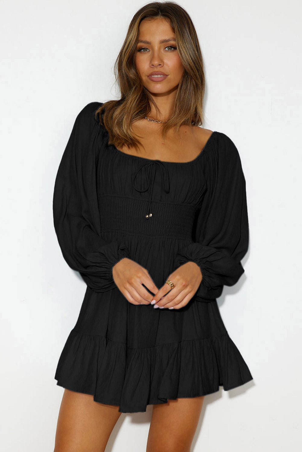 Black Solid Color Long Sleeve Shirred Drawstring Ruffle Mini Dress