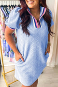 Beau Blue Striped Pop of Color Collared Checkered Textured Plus Size Dress