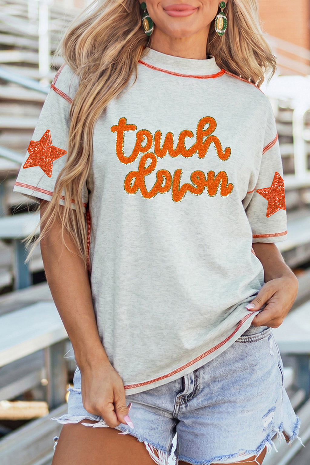 Light Grey Touch Down Chenille Glitter Star Graphic Stitched Detail High Neck T Shirt