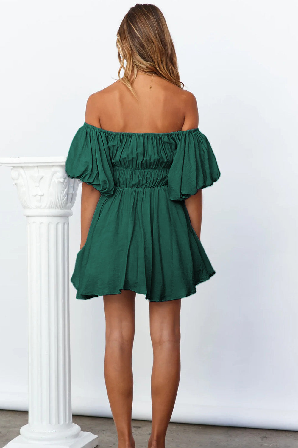 Green-2 Solid Color Shirred Bubble Sleeve Off Shoulder Babydoll Dress