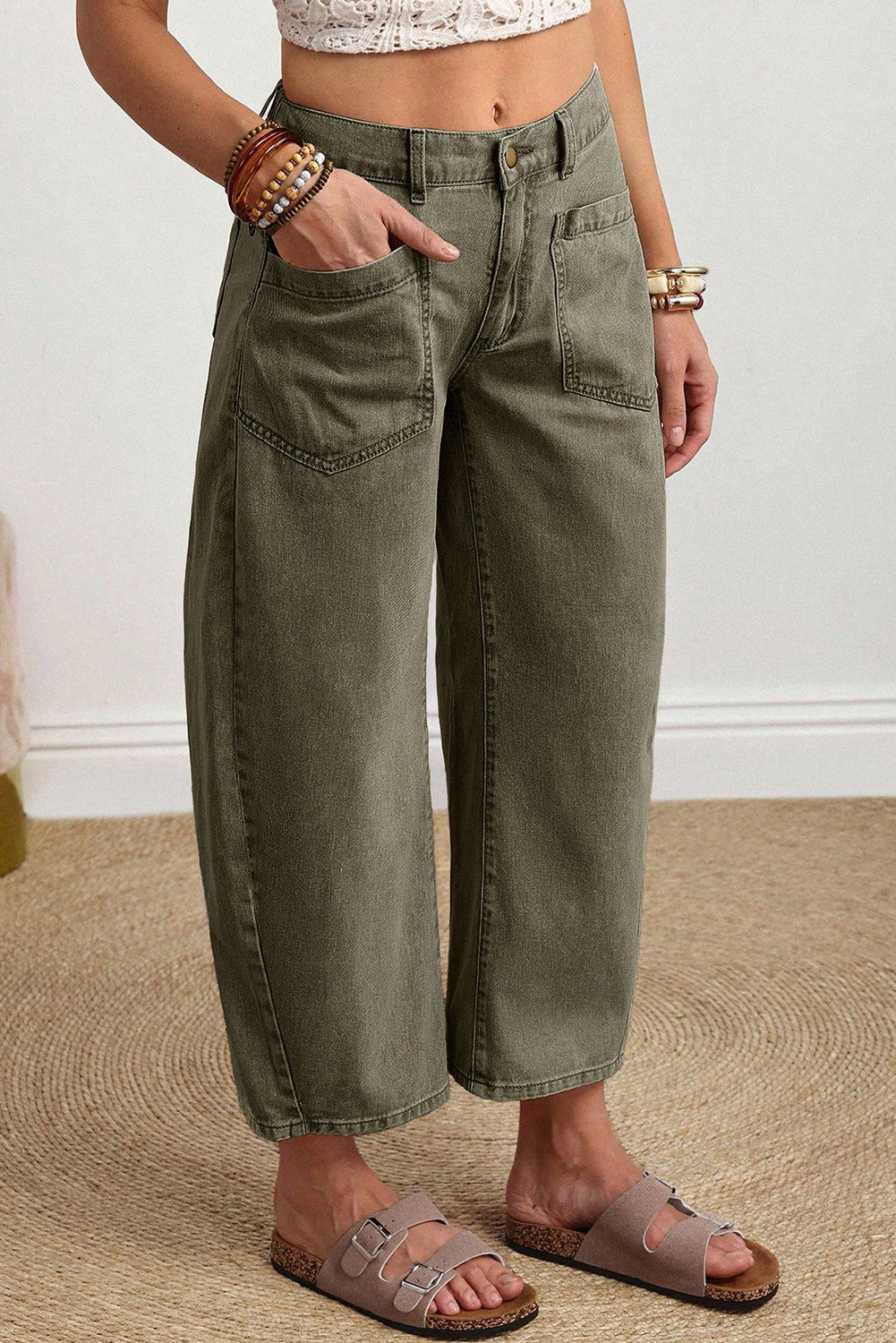 Coffee Solid Color Square Patch Pocket Ankle-length Barrel Jeans