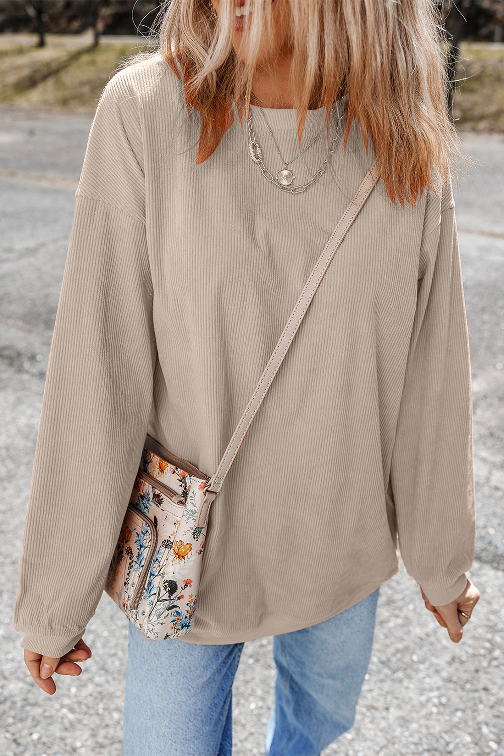 Orange Plain Drop Sleeve Crinkle Rib Oversized Sweatshirt