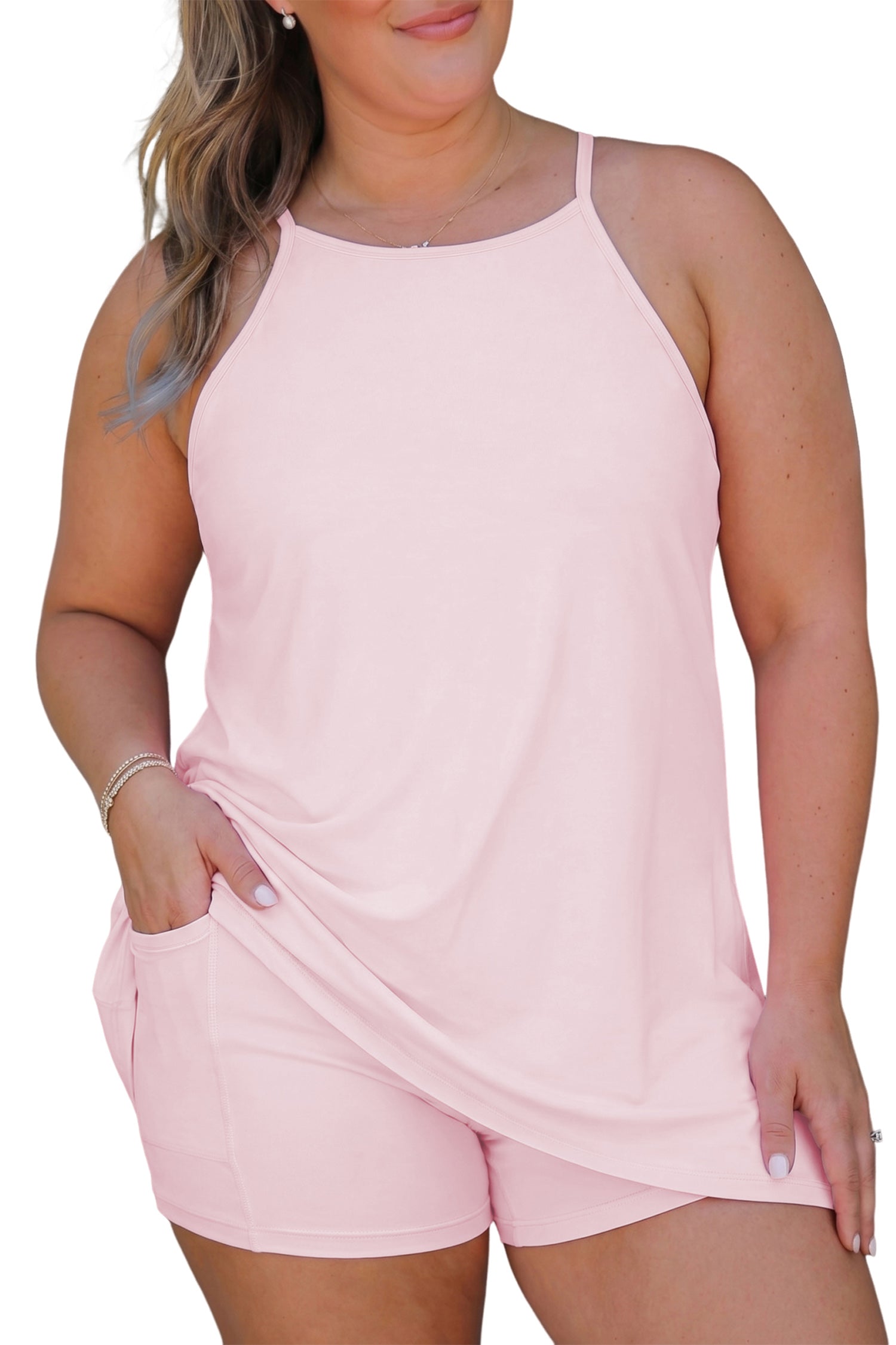 Pink Plus Size Build-in Shorts Sleeveless Dress With Short Two Piece Set