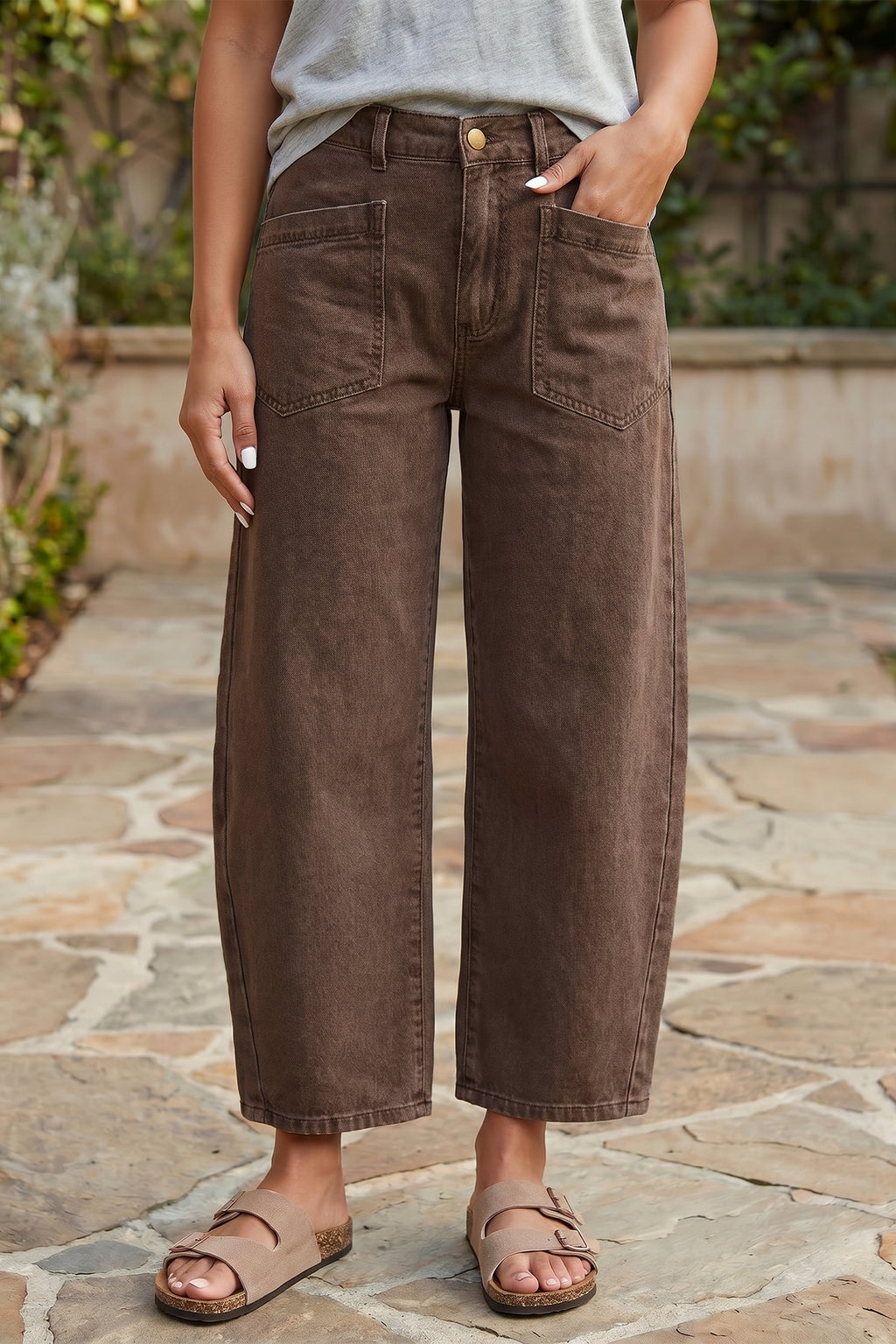Coffee Solid Color Square Patch Pocket Ankle-length Barrel Jeans