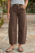Coffee Solid Color Square Patch Pocket Ankle-length Barrel Jeans