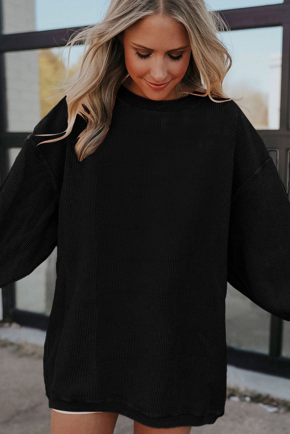 Orange Plain Drop Sleeve Crinkle Rib Oversized Sweatshirt