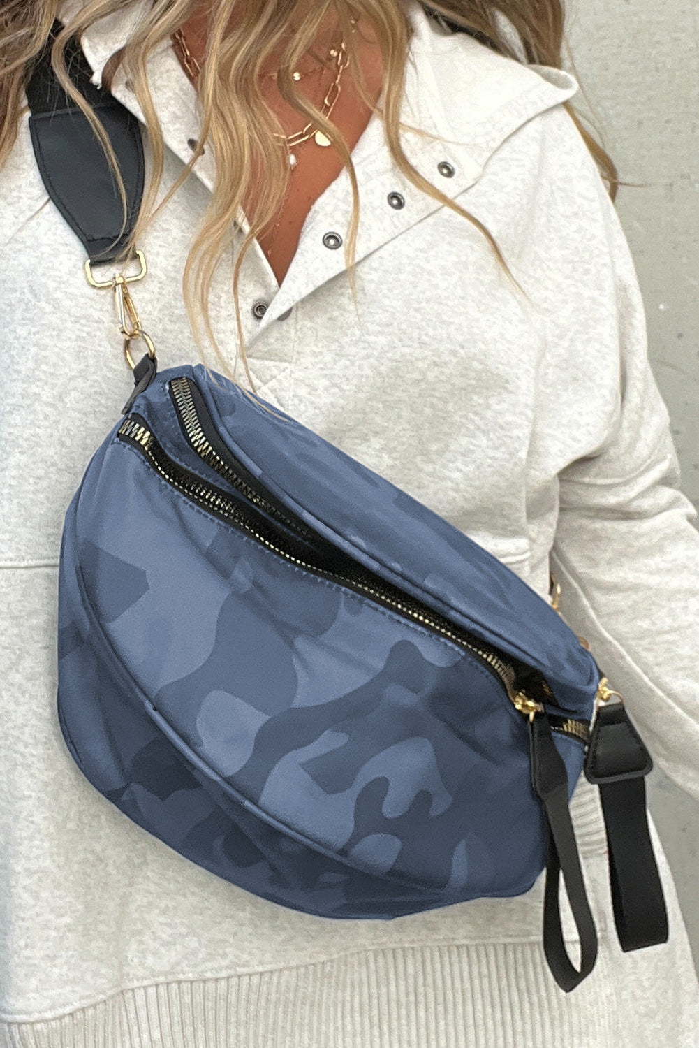 White Abstract/ Camouflage/ Polka Dot/ Leopard Print Double Zip Fashion Crossbody Bag