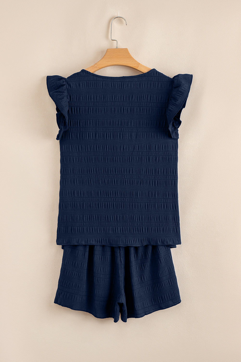 Black Textured Square Neck Top and Shirred High Waist Shorts Set