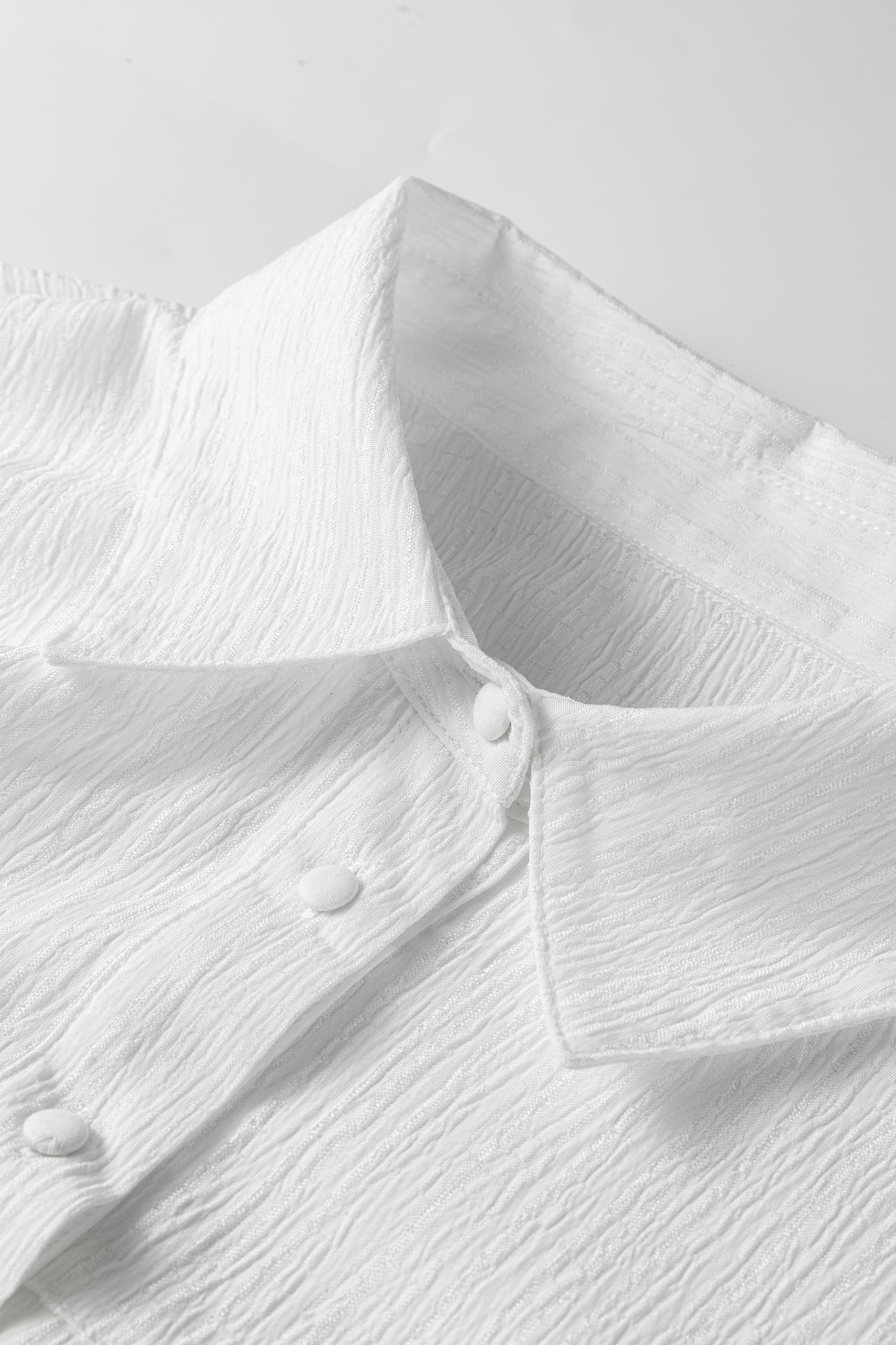 White Crinkled Texture Lantern Sleeve Button Down Loose Shirt