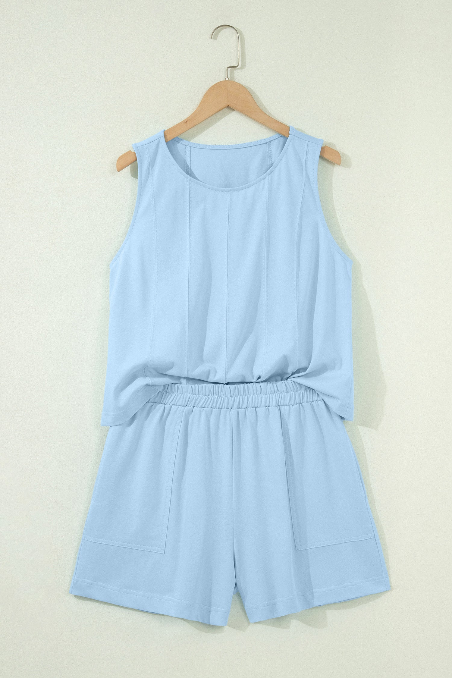 Beige Stitched Detail Loose Tank Top Cotton 2pcs Short Set