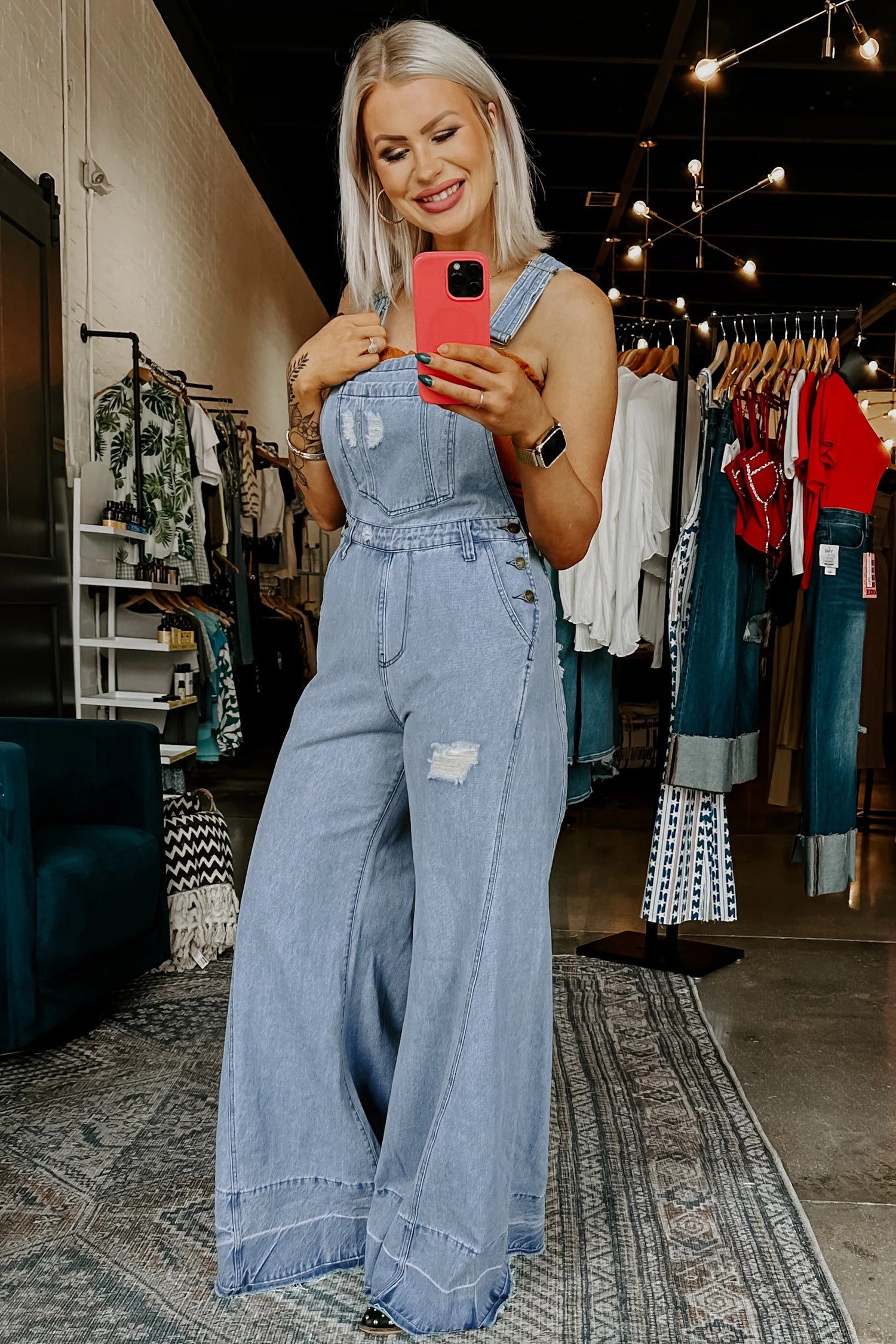 Mist Blue Retro Distressed Button Adjustable Straps Denim Overall Jumpsuit