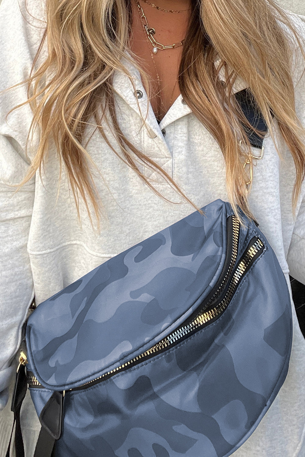 White Abstract/ Camouflage/ Polka Dot/ Leopard Print Double Zip Fashion Crossbody Bag
