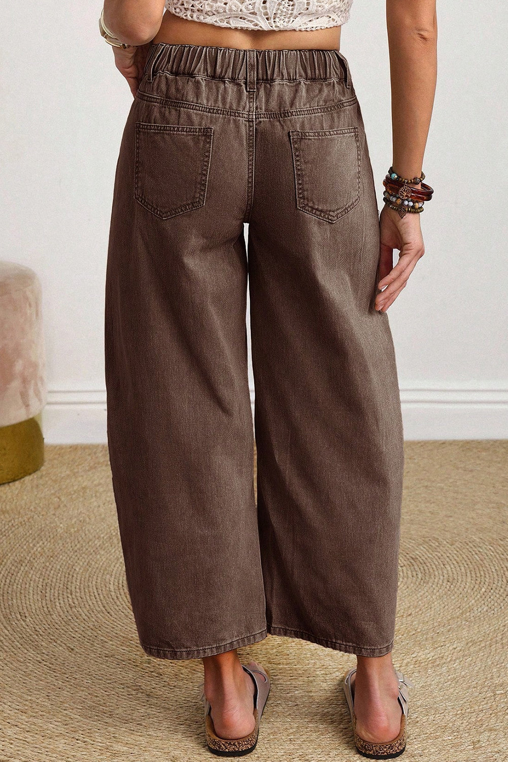 Coffee Solid Color Square Patch Pocket Ankle-length Barrel Jeans