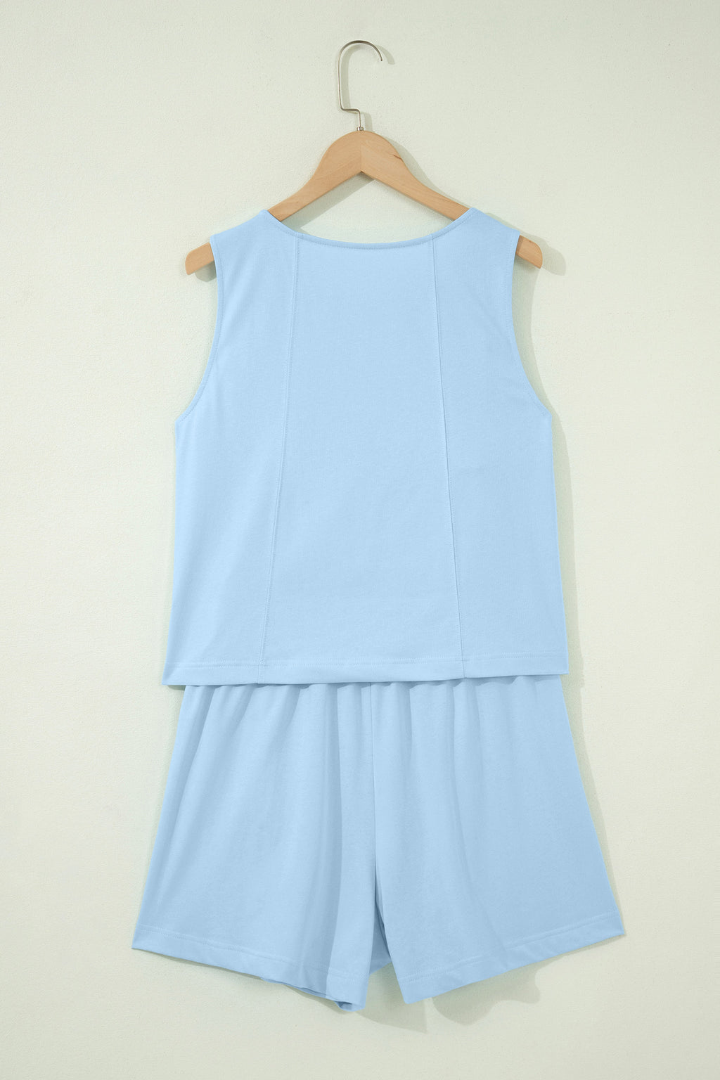 Beige Stitched Detail Loose Tank Top Cotton 2pcs Short Set