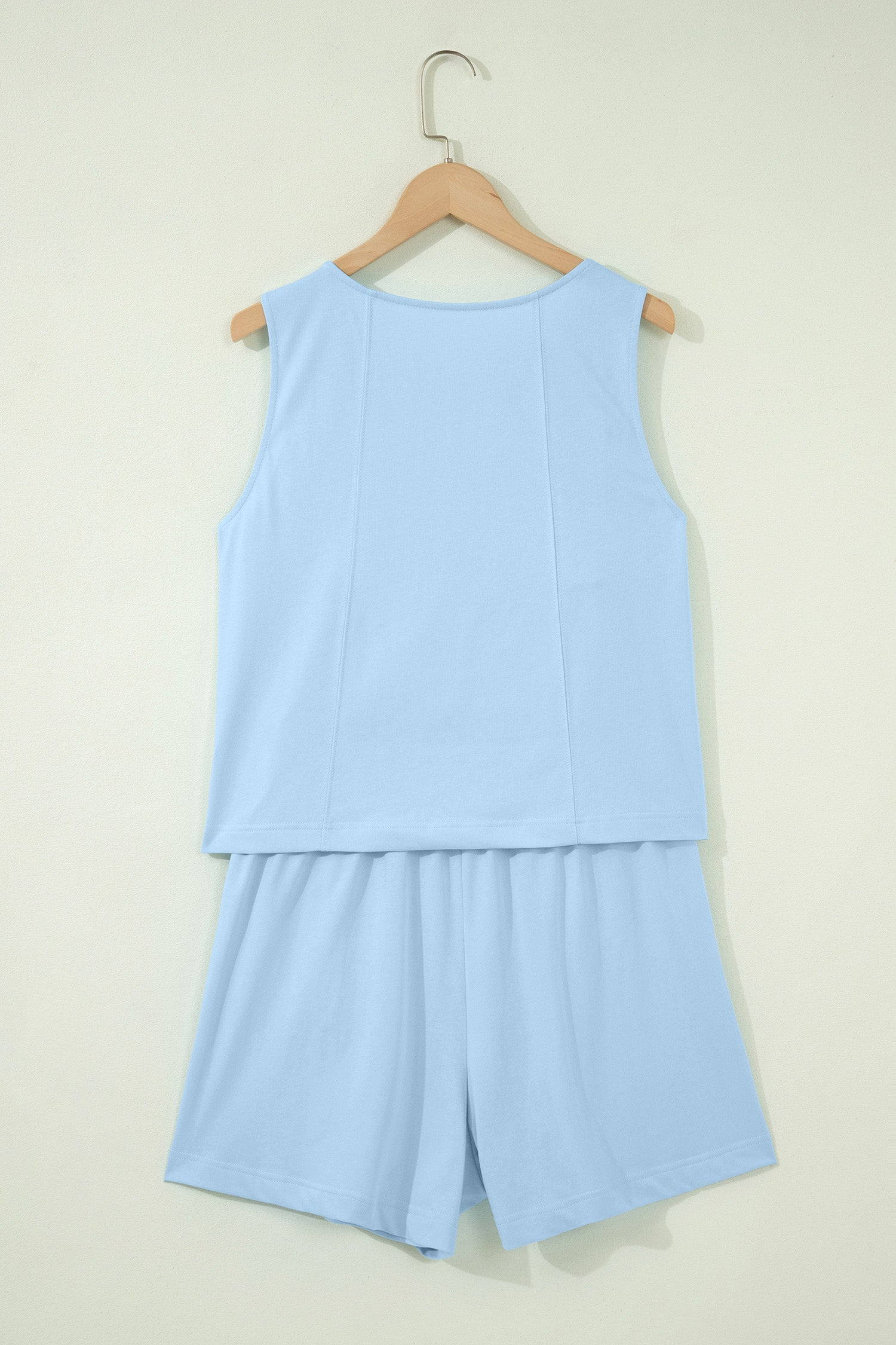 Beige Stitched Detail Loose Tank Top Cotton 2pcs Short Set