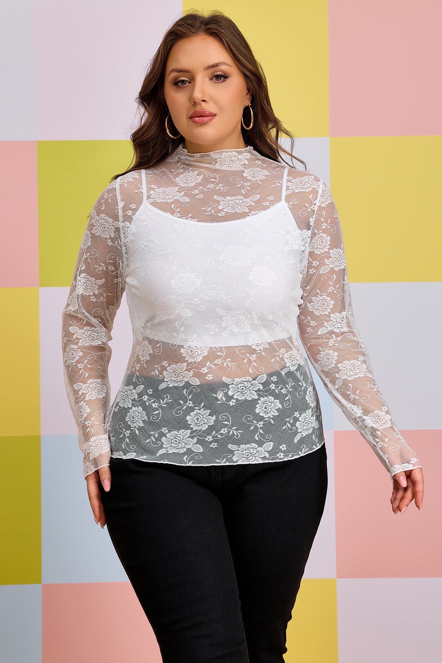 Black Plus Size Floral Mesh Long Sleeve Top