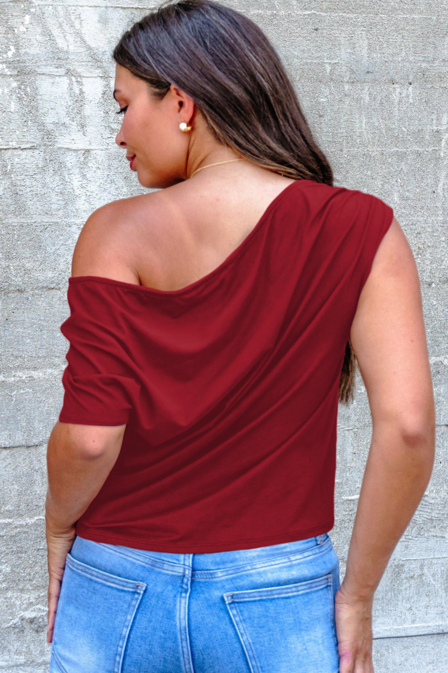 Blue Sapphire Plus Size Solid Color Asymmetric Neck Short Sleeve Blouse