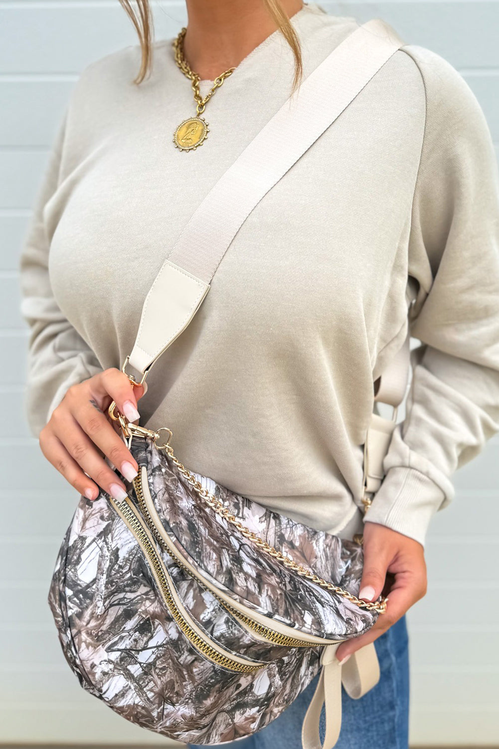 White Abstract/ Camouflage/ Polka Dot/ Leopard Print Double Zip Fashion Crossbody Bag