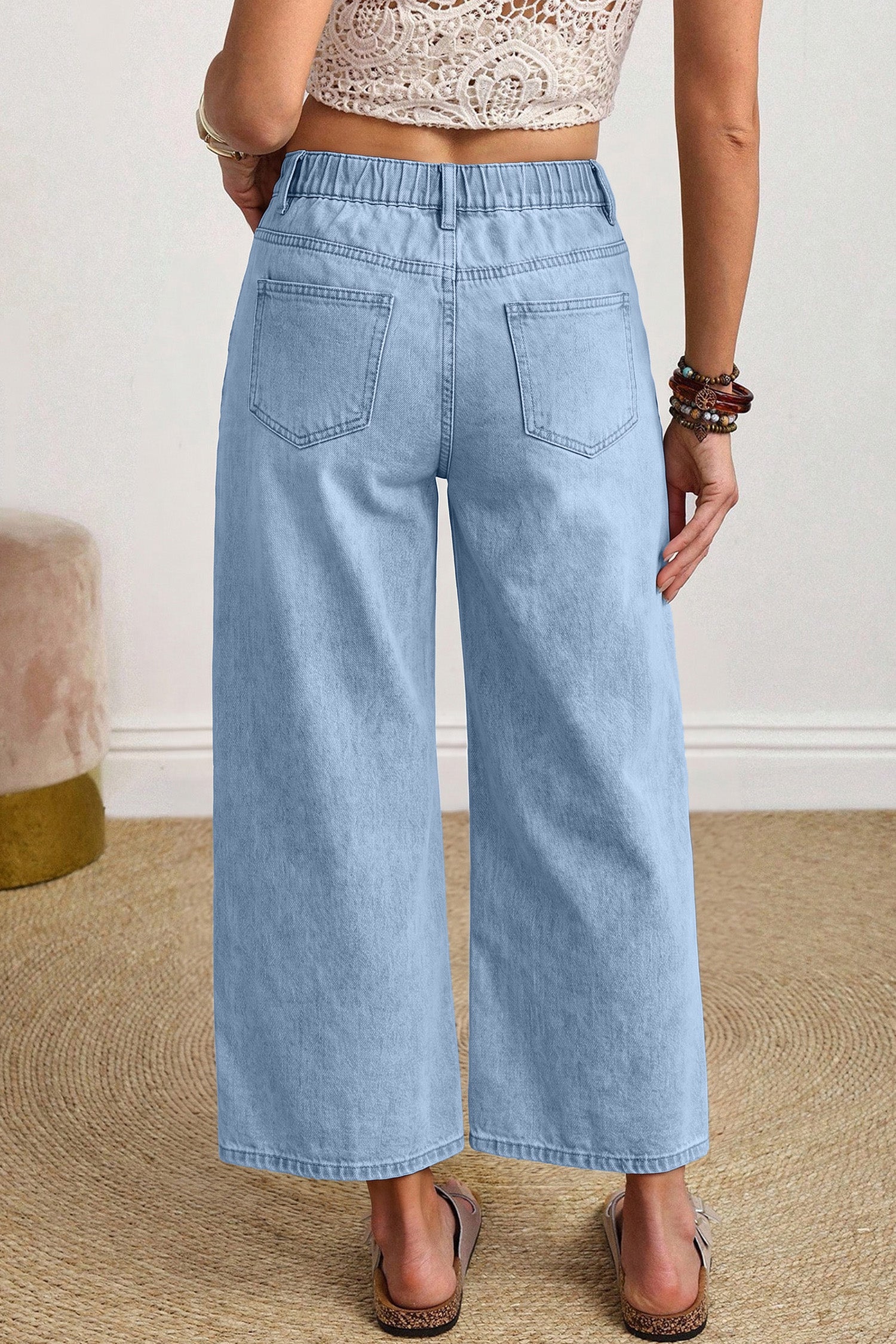 Coffee Solid Color Square Patch Pocket Ankle-length Barrel Jeans