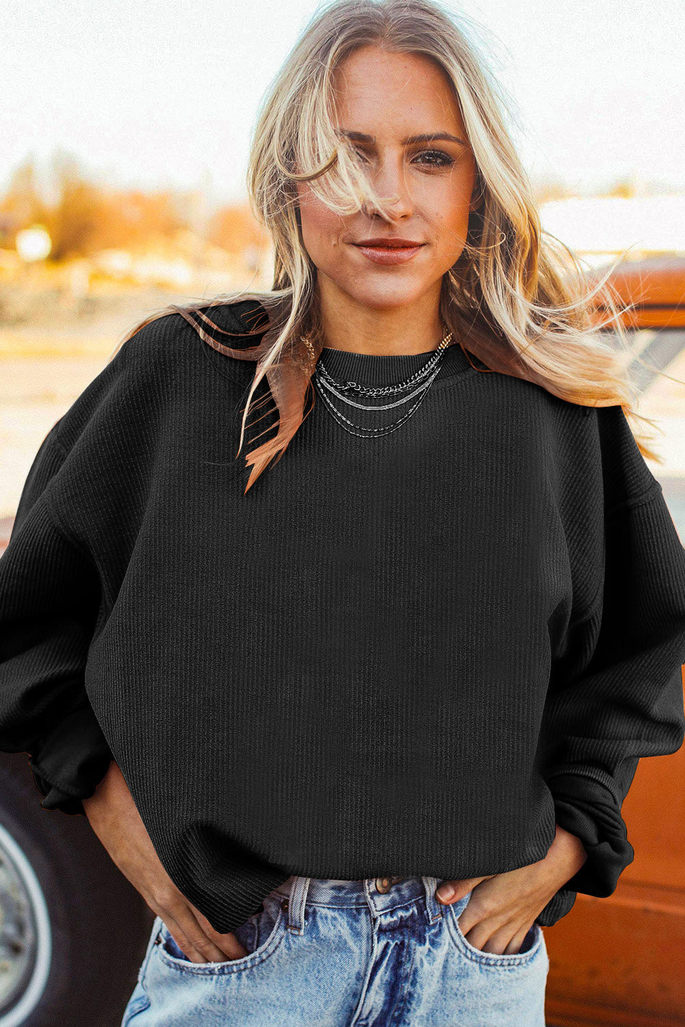 Orange Plain Drop Sleeve Crinkle Rib Oversized Sweatshirt