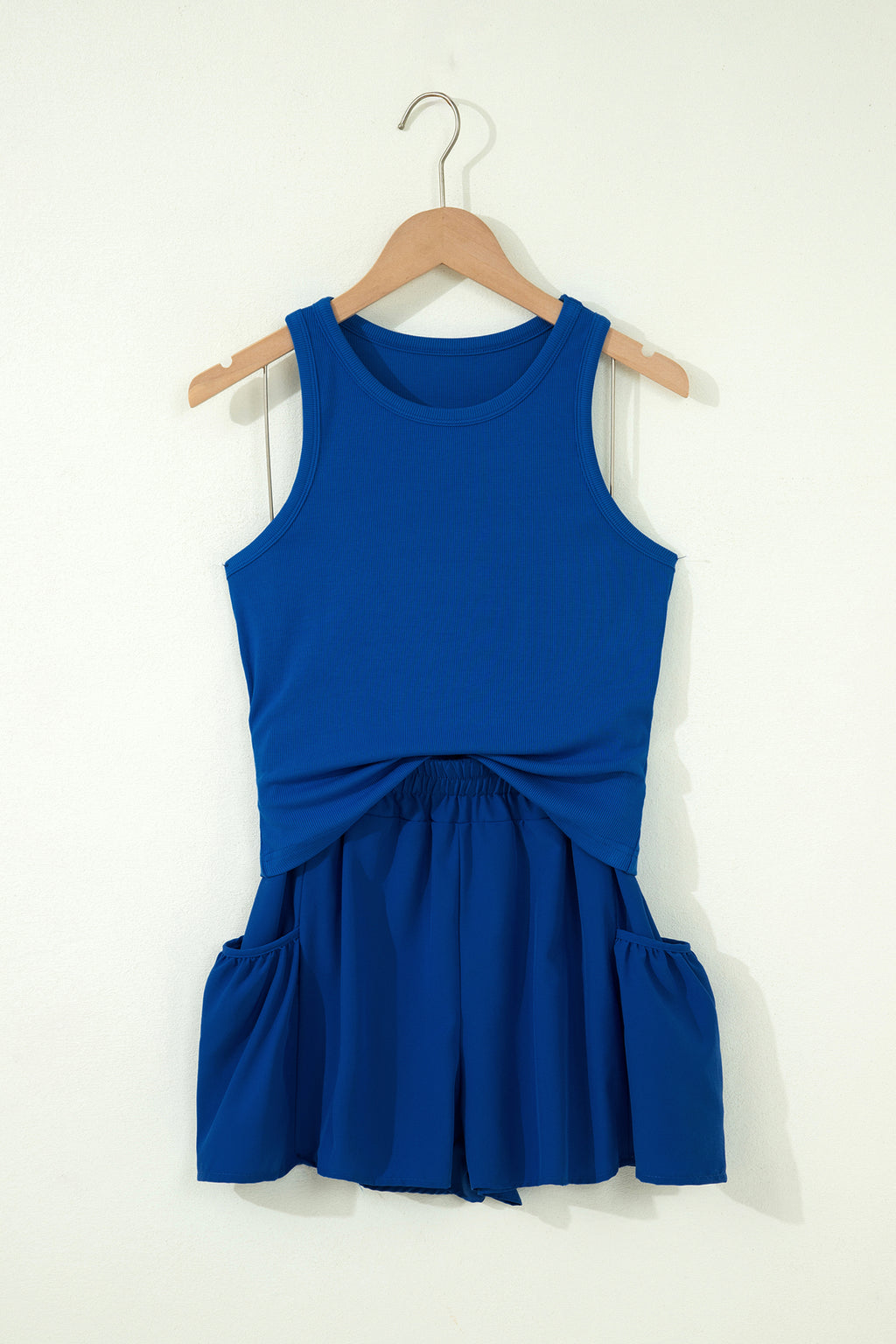 Dark Blue Ribbed Slim Tank Pocketed Wide Leg Shorts Set