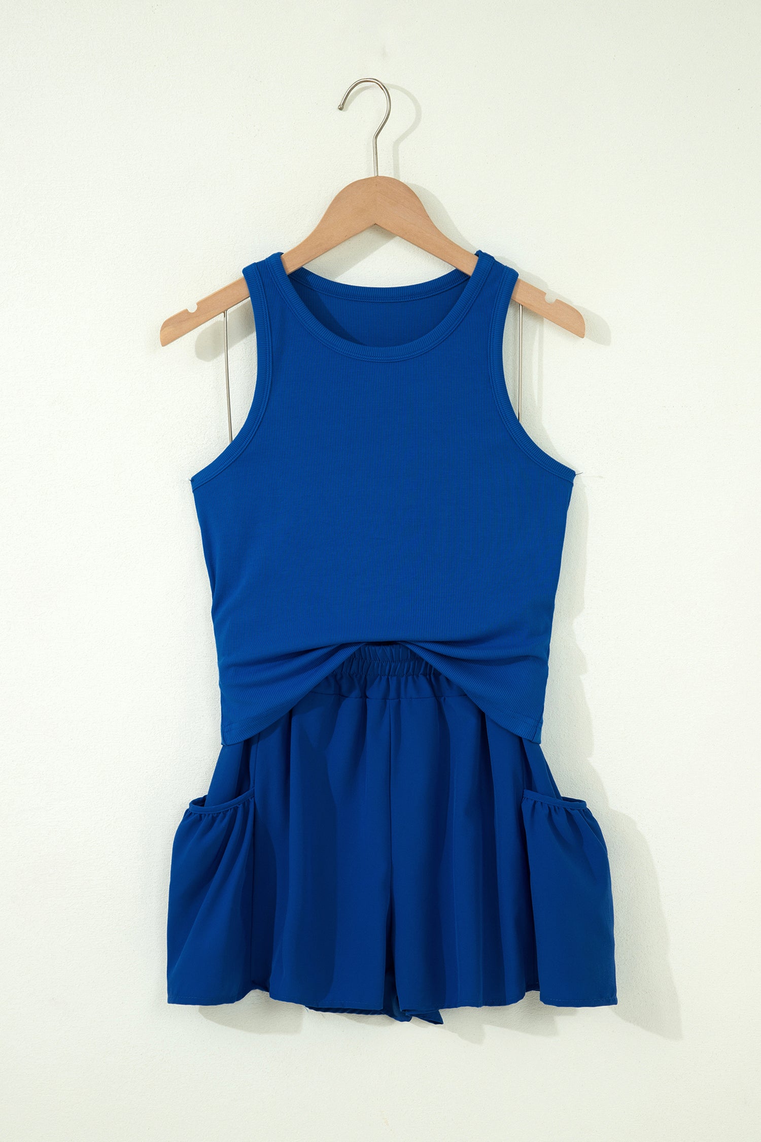 Dark Blue Ribbed Slim Tank Pocketed Wide Leg Shorts Set