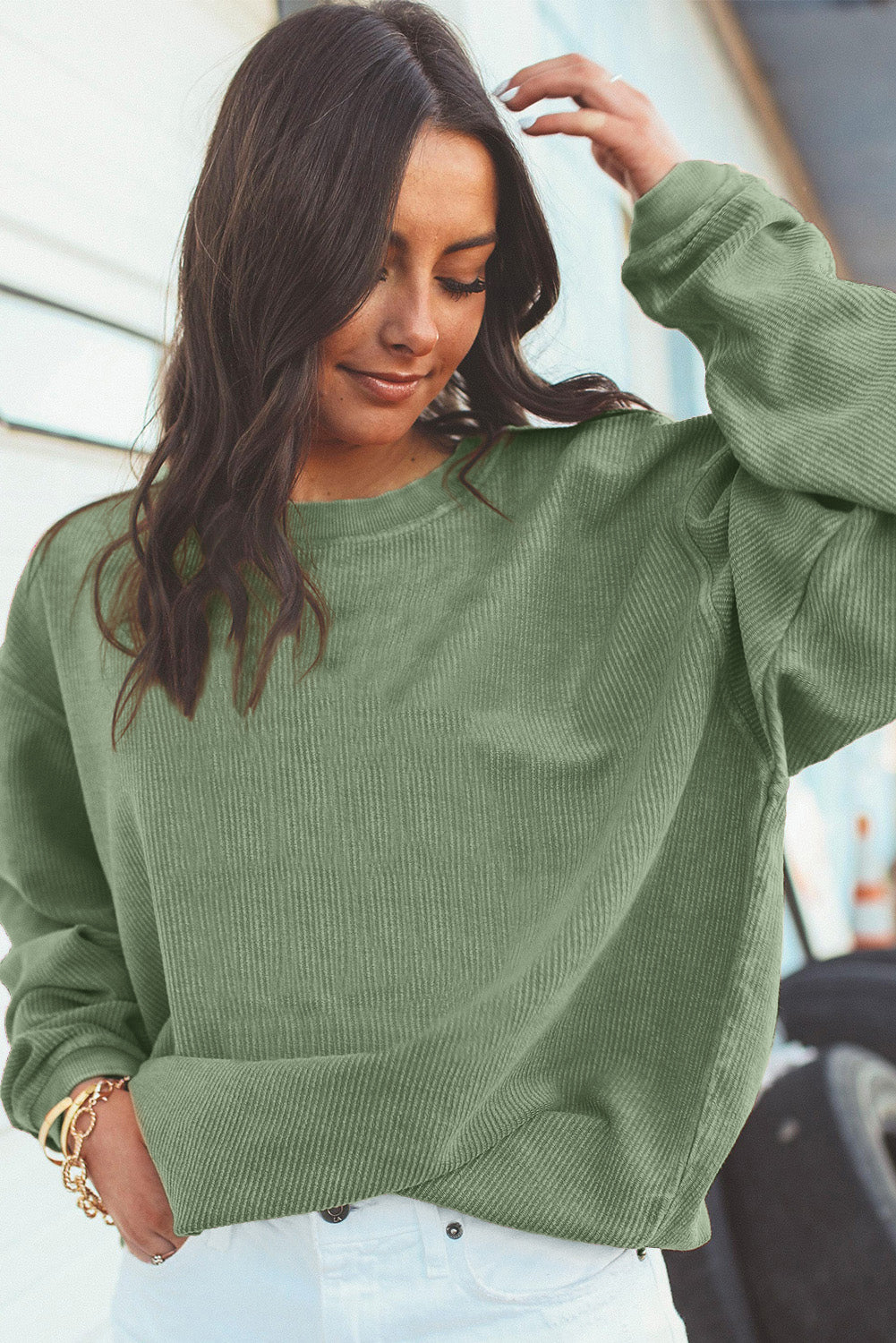 Orange Plain Drop Sleeve Crinkle Rib Oversized Sweatshirt