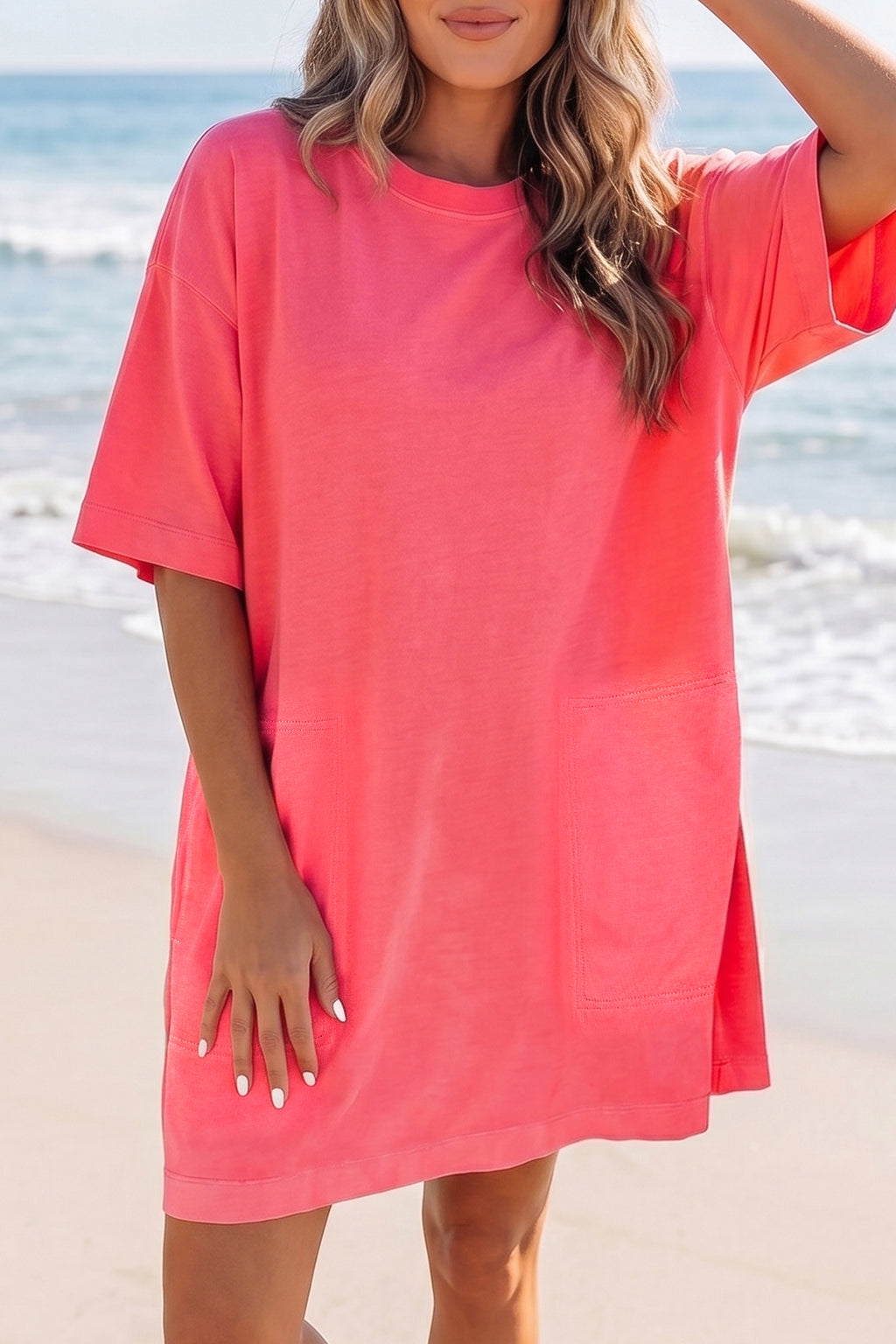 Coral Paradise Drop Shoulder Loose Casual T Shirt Mini Dress